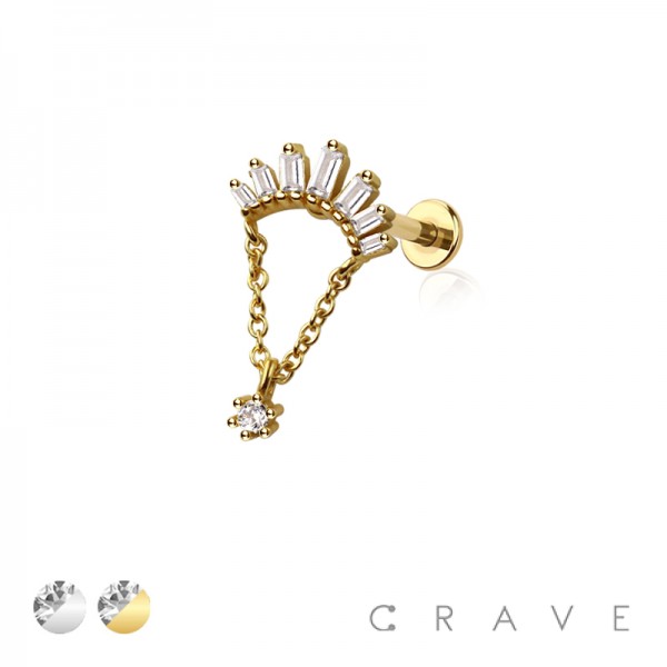 MULTI CZ BAGUETTE BEZEL DANGLE CHAIN TOP 316L SURGICAL STEEL THREADLESS (PUSH IN ) LABRET SET
